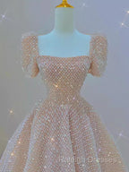 Sparkle A Line Square Neckline Sequin Pink Long Prom Dress