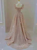 Sparkle A Line Square Neckline Sequin Pink Long Prom Dress