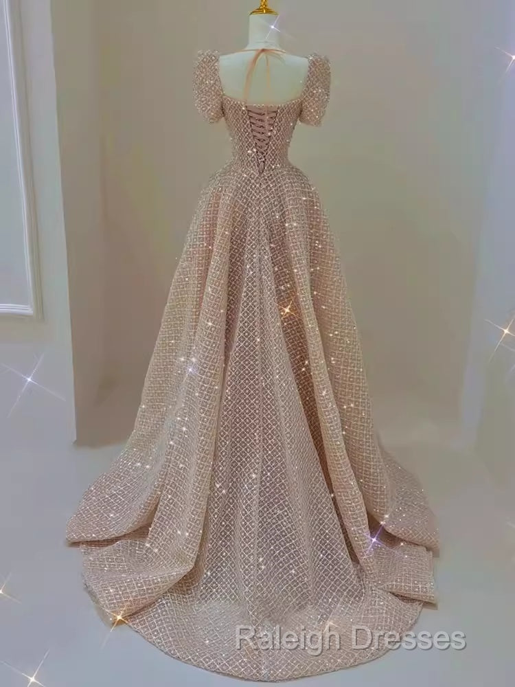 Sparkle A Line Square Neckline Sequin Pink Long Prom Dress