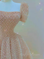 Sparkle A Line Square Neckline Sequin Pink Long Prom Dress