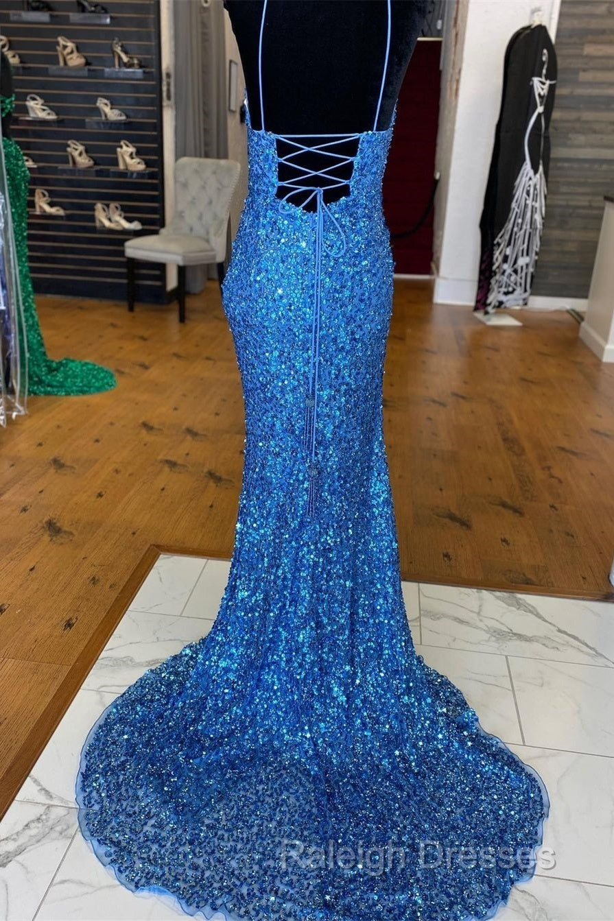 Sparkle Blue Sequin Prom Dress Iridescent Mermaid Long Prom Dress Side Slit