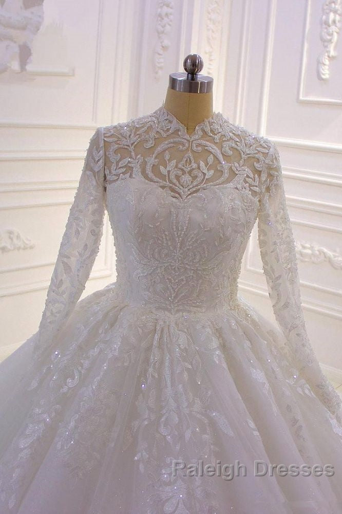 Sparkle Lace Ball Gown High Neck Tull Long Sleevess Wedding Dresses