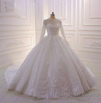 Sparkle Lace Ball Gown High Neck Tull Long Sleevess Wedding Dress