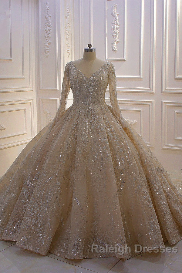 Sparkle Lace Long Sleevess Champange Luxurious corset Wedding Dresses
