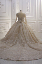 Sparkle Lace Long Sleevess Champange Luxurious corset Wedding Dresses