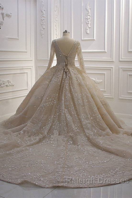Sparkle Lace Long Sleevess Champange Luxurious corset Wedding Dresses