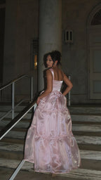 Sparkle Pink Organza A-Line Prom Dresses, Floor Length Evening Party Dress