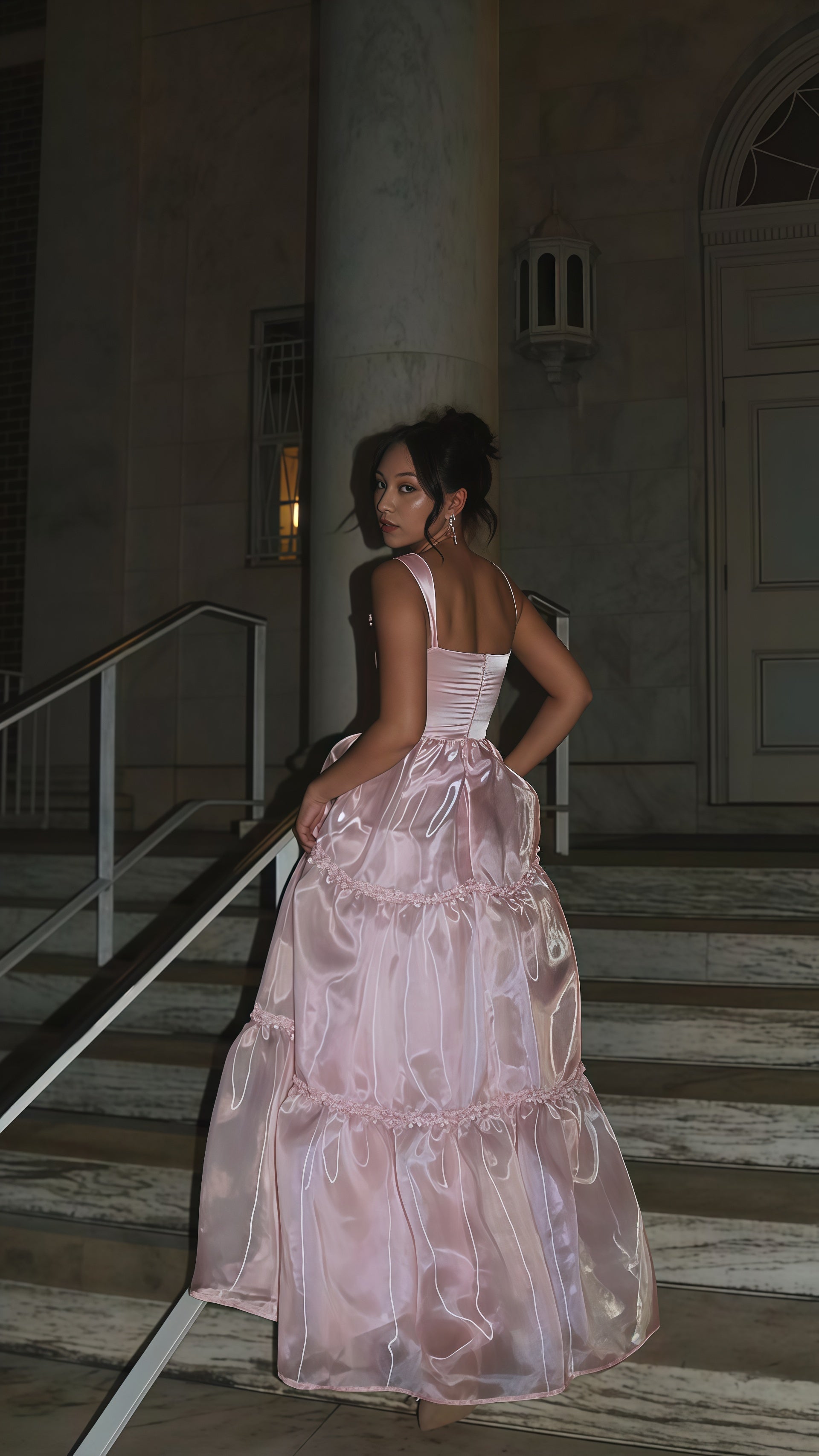 Sparkle Pink Organza A-Line Prom Dresses, Floor Length Evening Party Dress