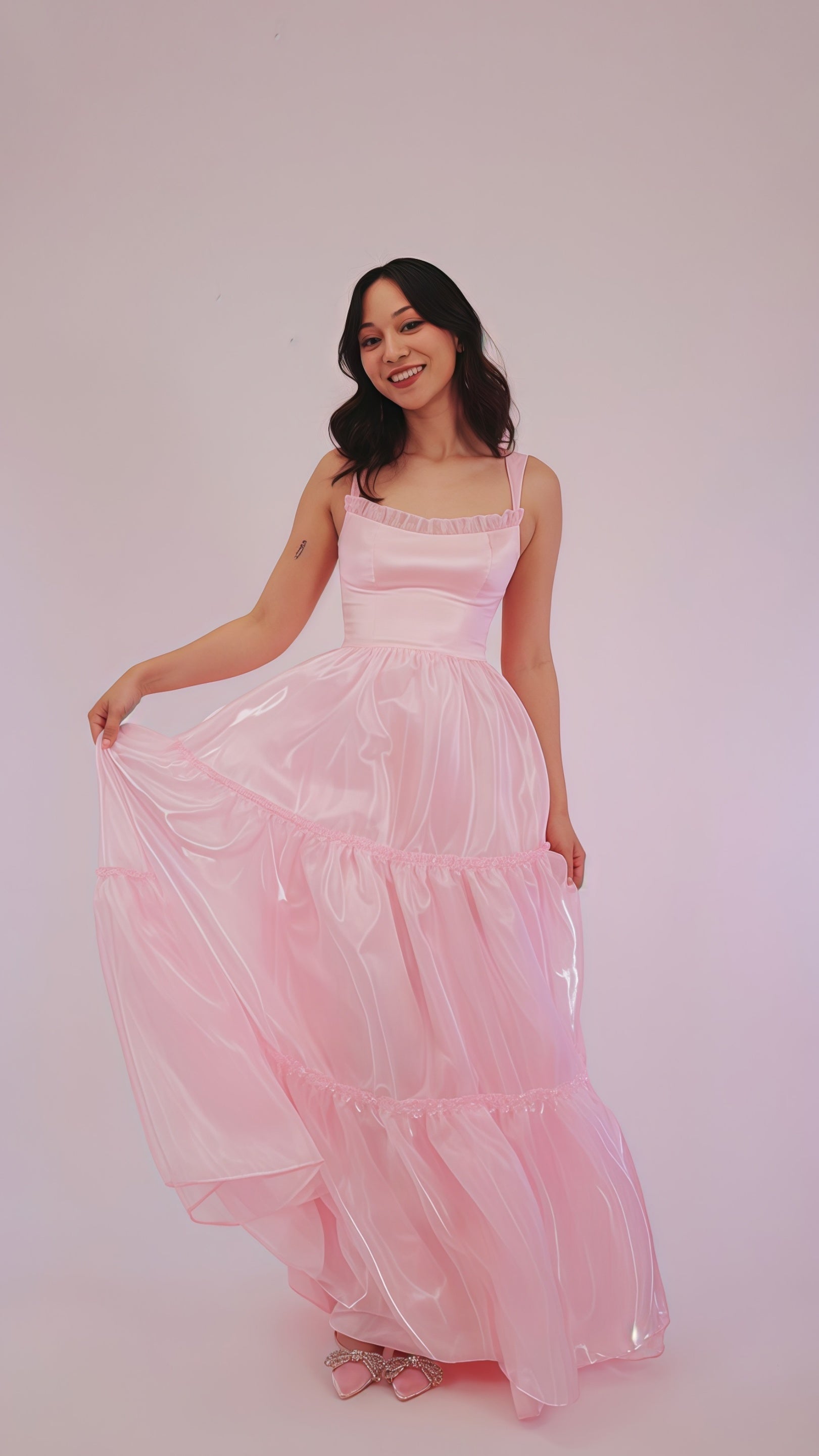 Sparkle Pink Organza A-Line Prom Dresses, Floor Length Evening Party Dress