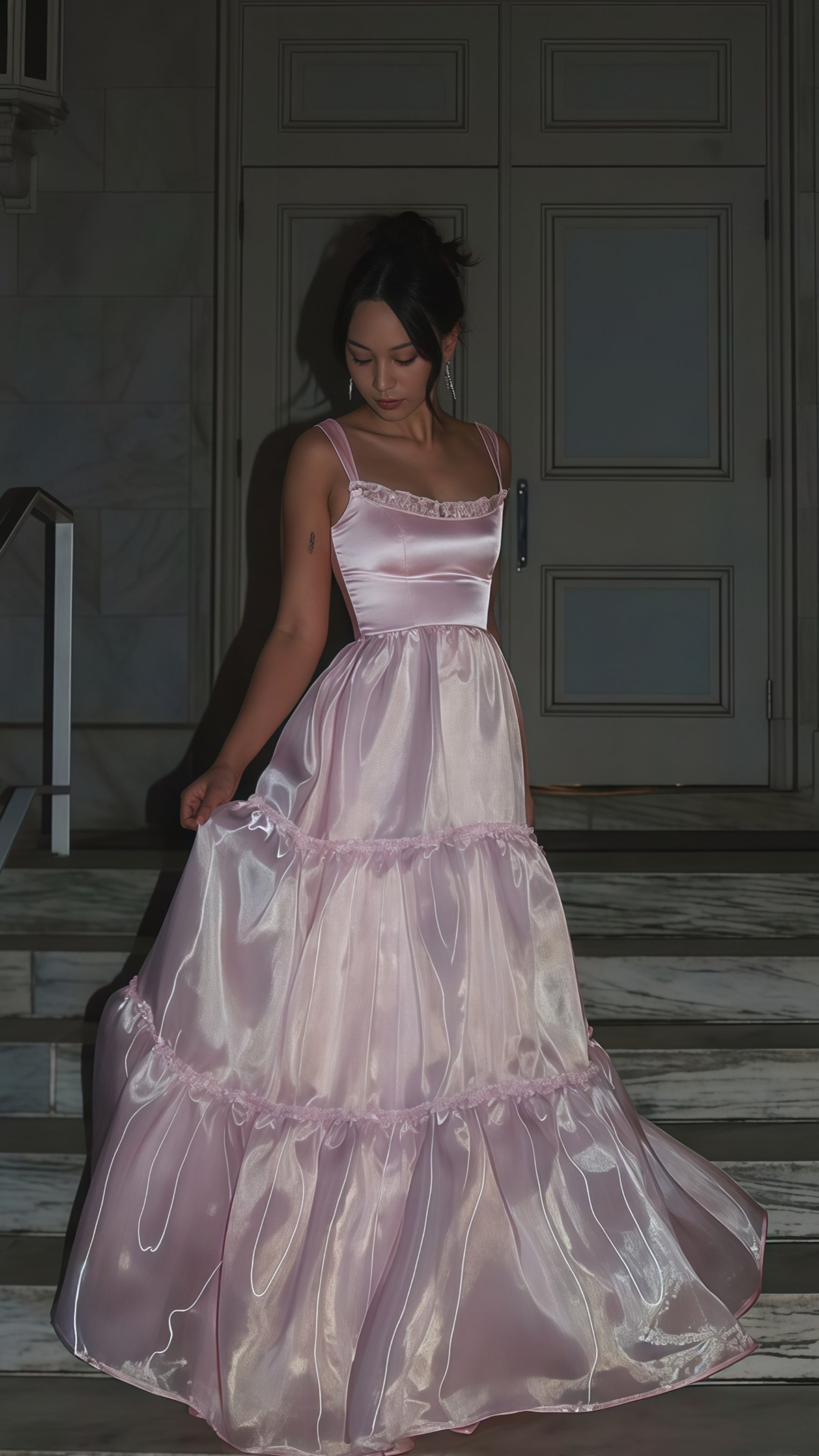 Sparkle Pink Organza A-Line Prom Dresses, Floor Length Evening Party Dress Main image