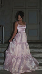 Sparkle Pink Organza A-Line Prom Dresses, Floor Length Evening Party Dress