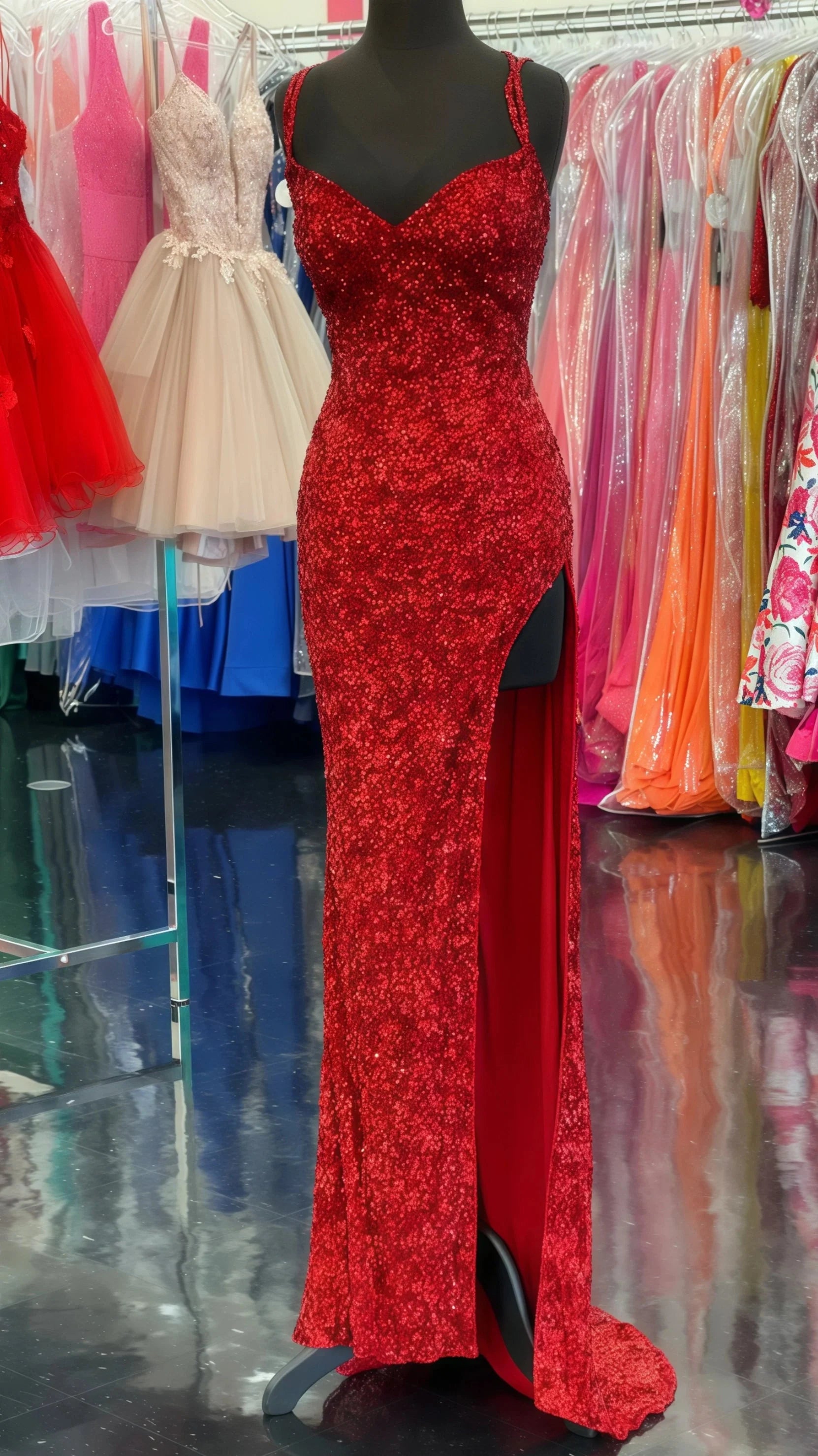 Sparkle Red Bodycon Sequined Long Prom Dresses Secondary image