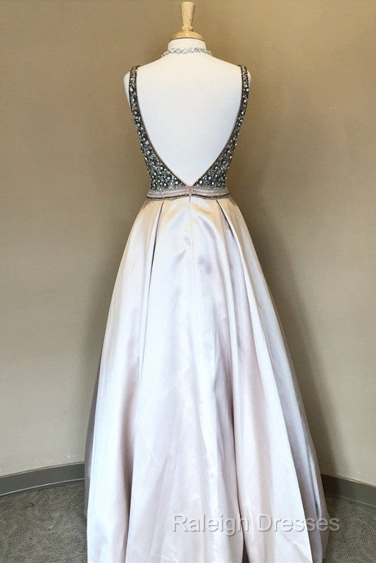 Sparkle Sequin Beaded V-Neck Long Satin Prom Dresses Secondary image