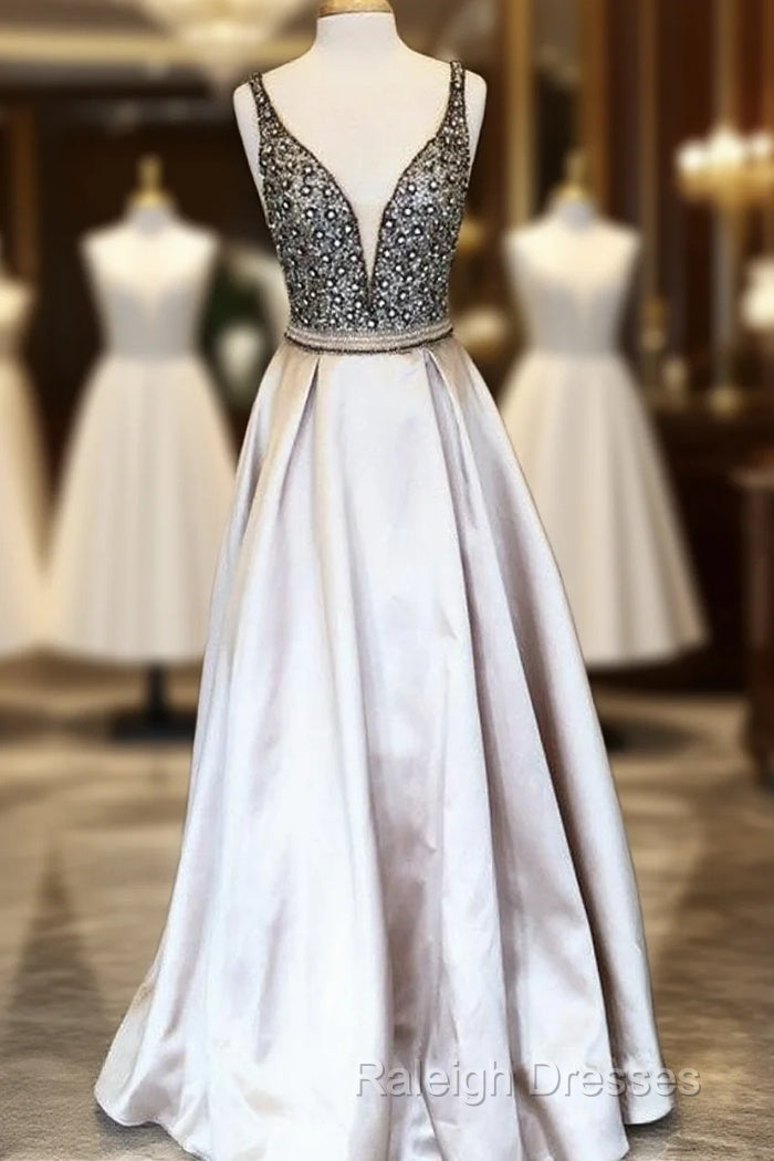 Sparkle Sequin Beaded V-Neck Long Satin Prom Dresses Main image