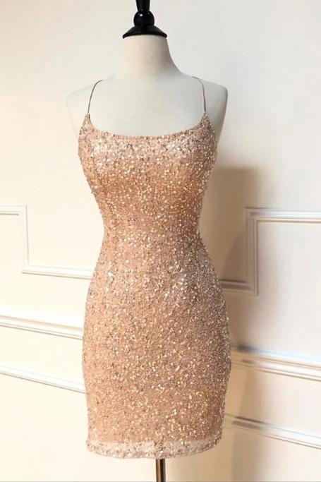 Sparkle Straps Tight Peach Sequins Short Homecoming Dresses Main image