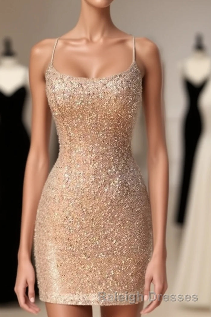 Sparkle Straps Tight Peach Sequins Short Homecoming Dress Main image