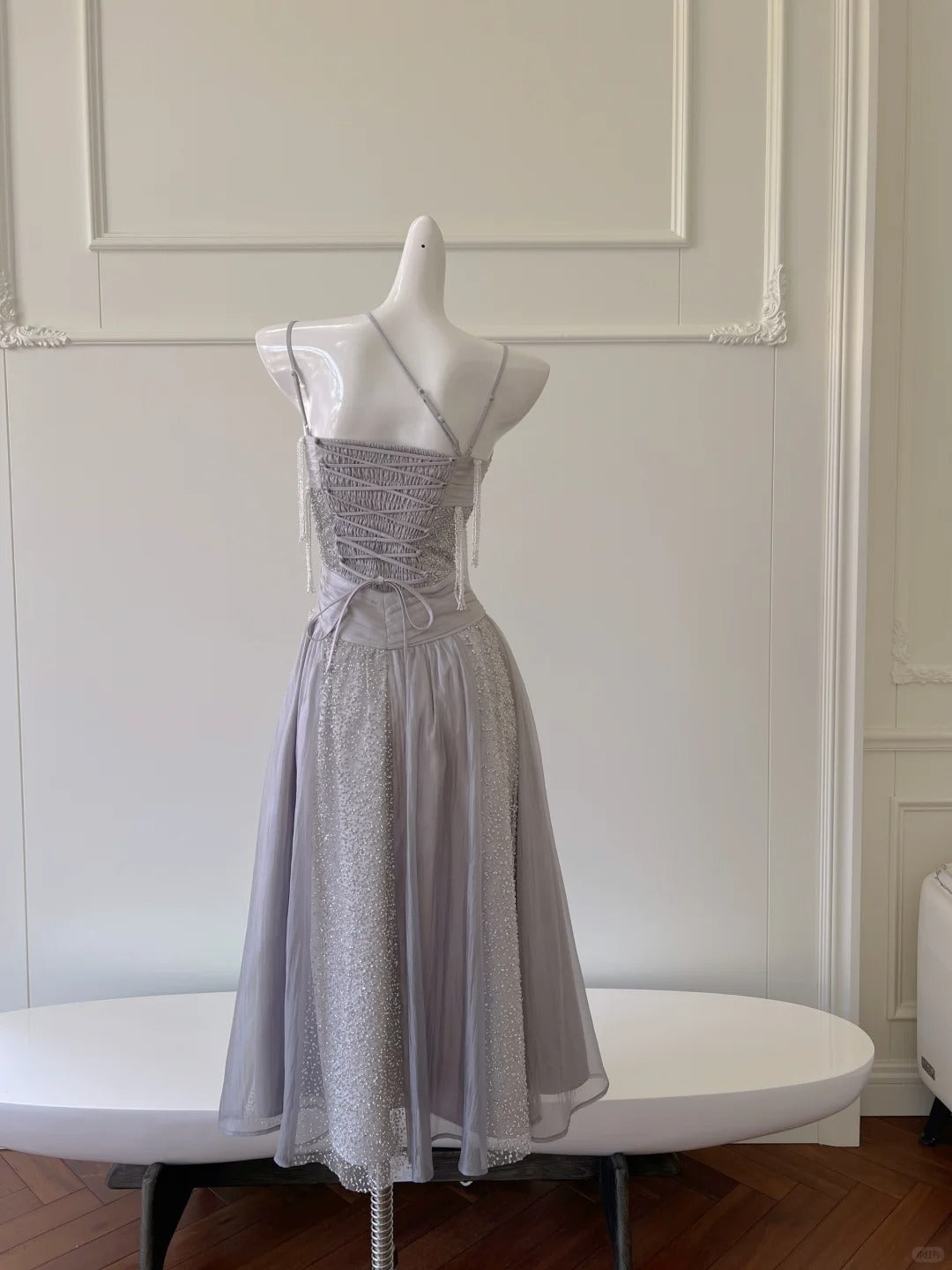 Sparkling A-Line Strap Sequined Tassel Tulle Long Formal Prom Dress