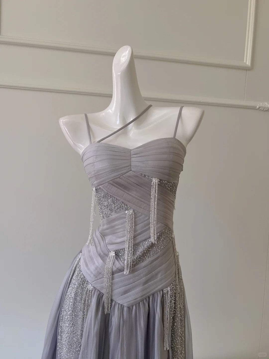 Sparkling A-Line Strap Sequined Tassel Tulle Long Formal Prom Dress