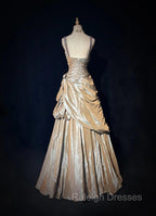 Sparkling A-Line V-Neck Satin Backless Long Prom Dress Formal Evening Dress Graduation Prom Dress