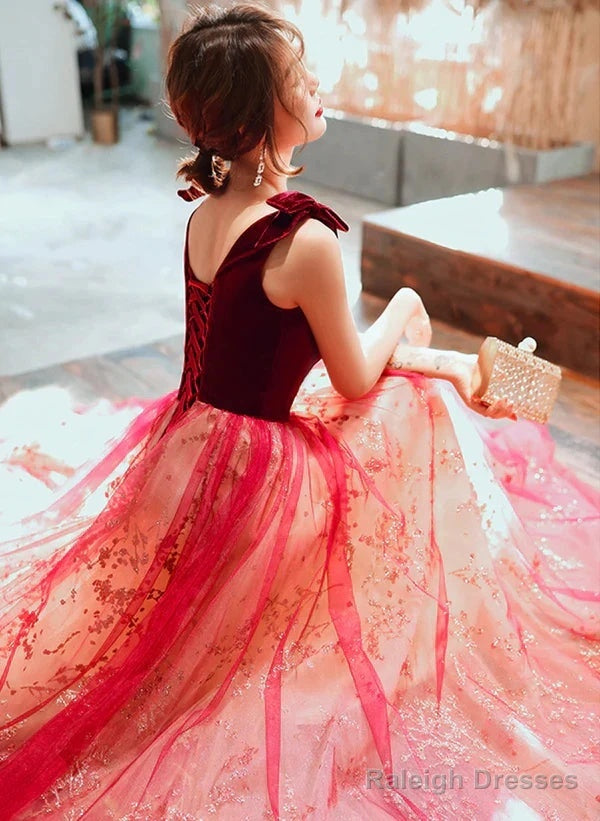 Sparkling A-Line Velvet Tulle Long Party Dress Red V-Neckline Prom Dress