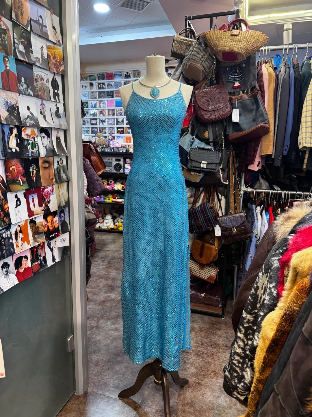 Sparkling Blue Crossback Sequined Long Formal Prom Dress