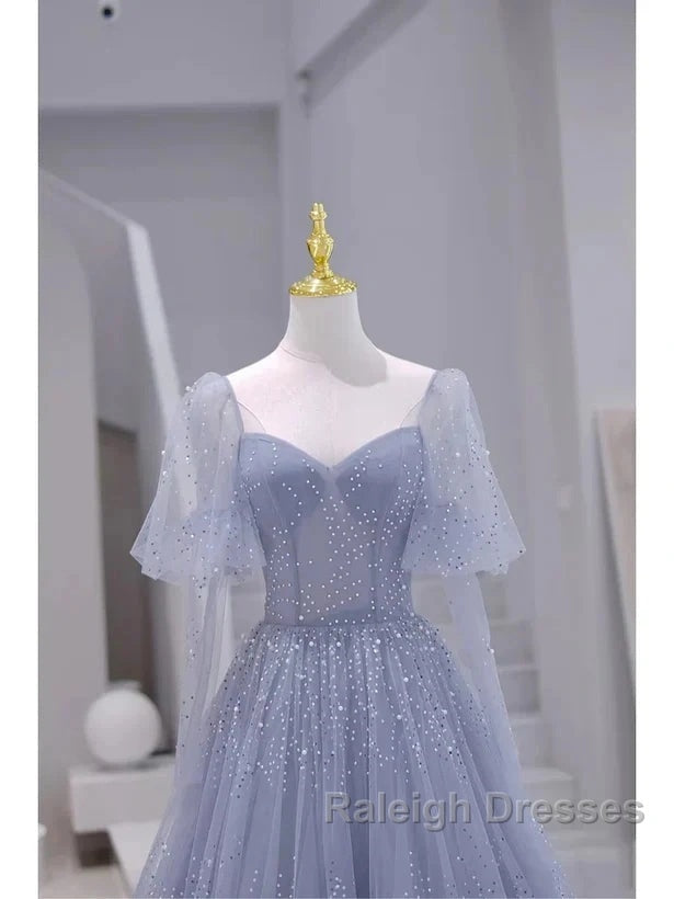Sparkling Blue Short Sleeves Tulle Long Sweetheart Party Dress A-Line Blue Prom Dress