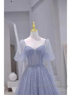 Sparkling Blue Short Sleeves Tulle Long Sweetheart Prom Dresses A-Line Blue Prom Dresses