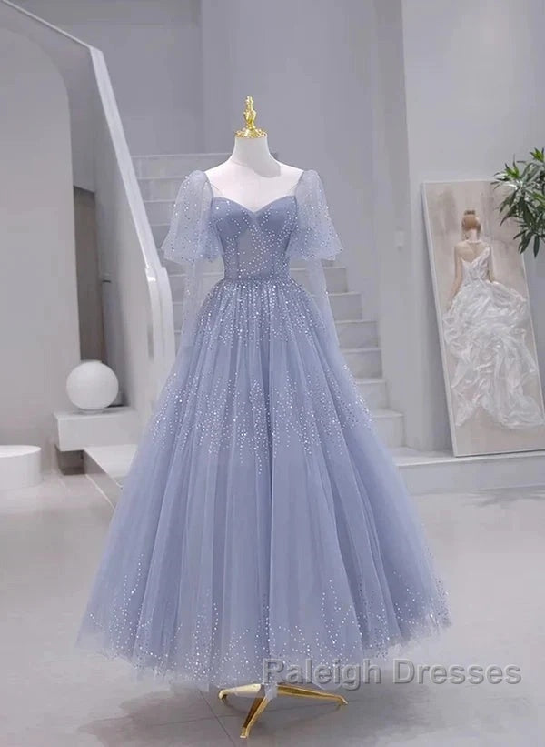 Sparkling Blue Short Sleeves Tulle Long Sweetheart Party Dress A-Line Blue Prom Dress