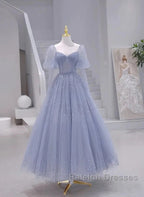 Sparkling Blue Short Sleeves Tulle Long Sweetheart Prom Dresses A-Line Blue Prom Dresses