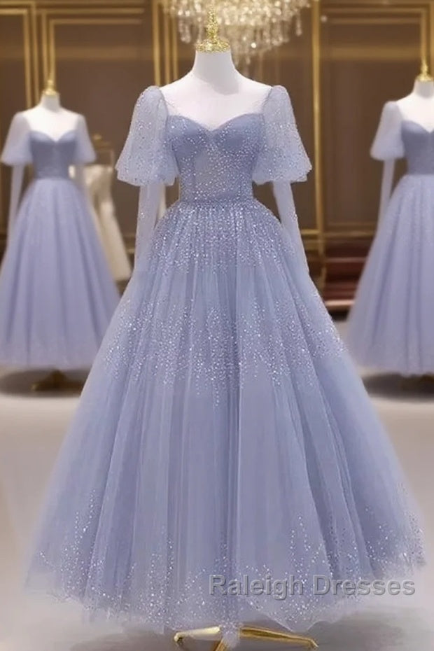 Sparkling Blue Short Sleeves Tulle Long Sweetheart Prom Dresses A-Line Blue Prom Dresses