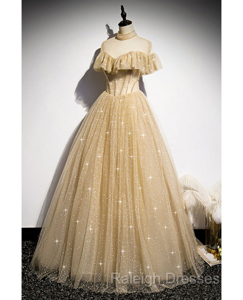 Sparkling Champagne Perspective High Neck Beaded Short Sleeved Ball Dresses Champagne A-line Sparkling Sheer Backless Strap And Floor Length Ruffled Edge Prom Dresses Secondary image