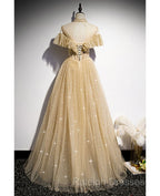 Sparkling Champagne Perspective High Neck Beaded Short Sleeved Ball Dresses Champagne A-line Sparkling Sheer Backless Strap And Floor Length Ruffled Edge Prom Dresses