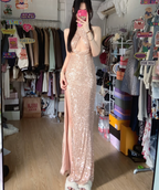 Sparkling Champagne Pink Halter Neck High Slit Sequined Long Formal Prom Dress