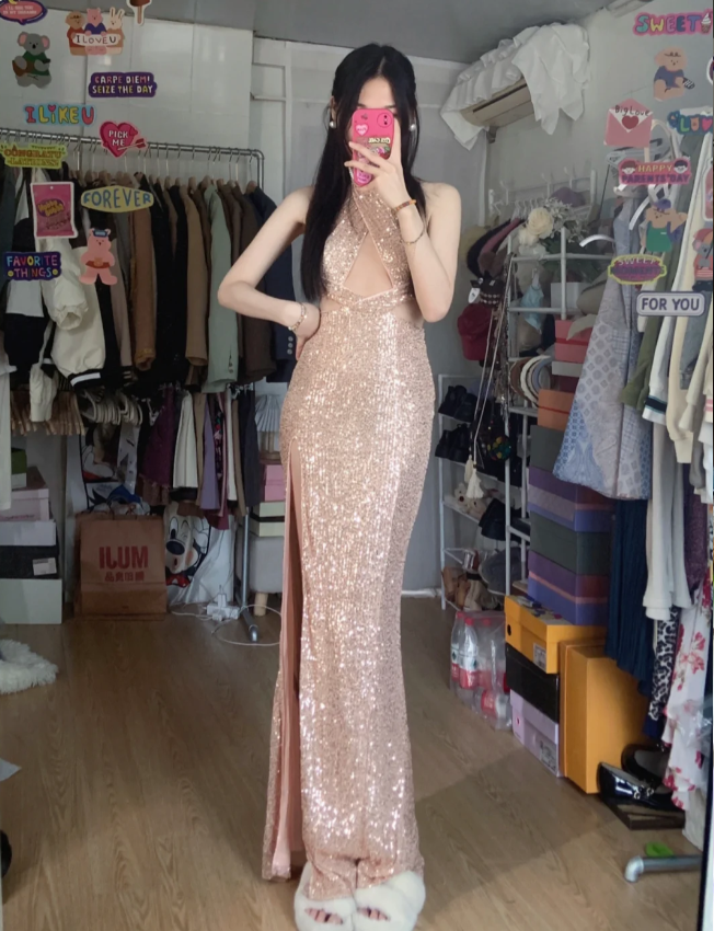 Sparkling Champagne Pink Halter Neck High Slit Sequined Long Formal Prom Dress