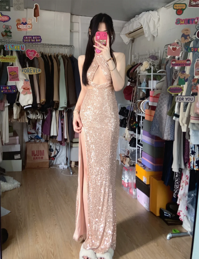 Sparkling Champagne Pink Halter Neck High Slit Sequined Long Formal Prom Dress