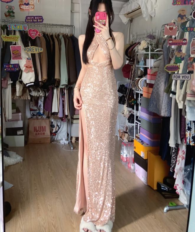 Sparkling Champagne Pink Halter Neck High Slit Sequined Long Formal Prom Dress