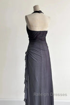 Sparkling Gradient Dark Gray Halter Neck Ruffle Sheath Prom Dress Birthday Dress
