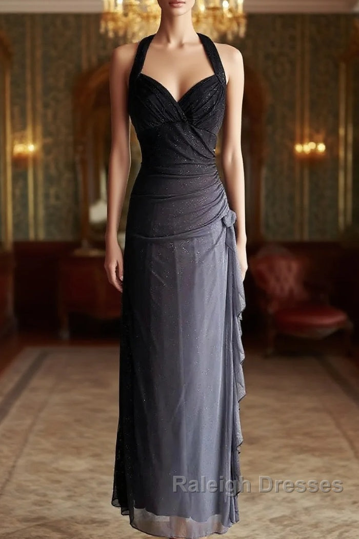 Sparkling Gradient Dark Gray Halter Neck Ruffle Sheath Prom Dress Birthday Dress