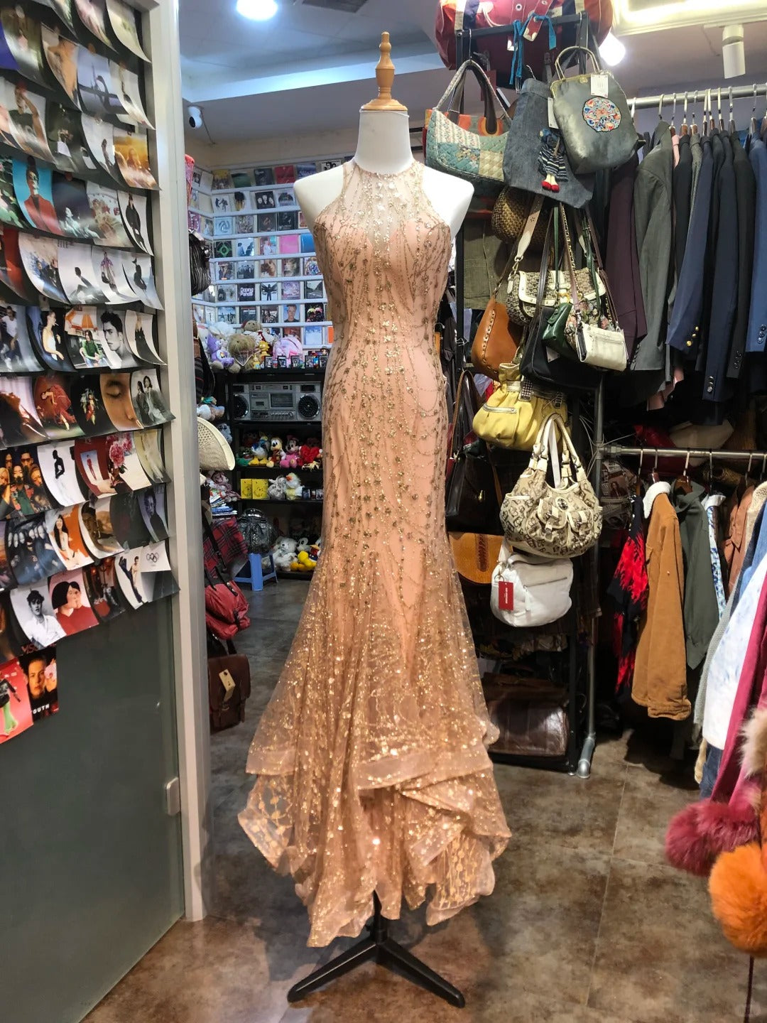 Sparkling Pink Mermaid Halter Neck Crossback Backless Tulle Long Formal Prom Dress
