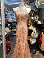 Sparkling Pink Mermaid Halter Neck Crossback Backless Tulle Long Formal Prom Dress