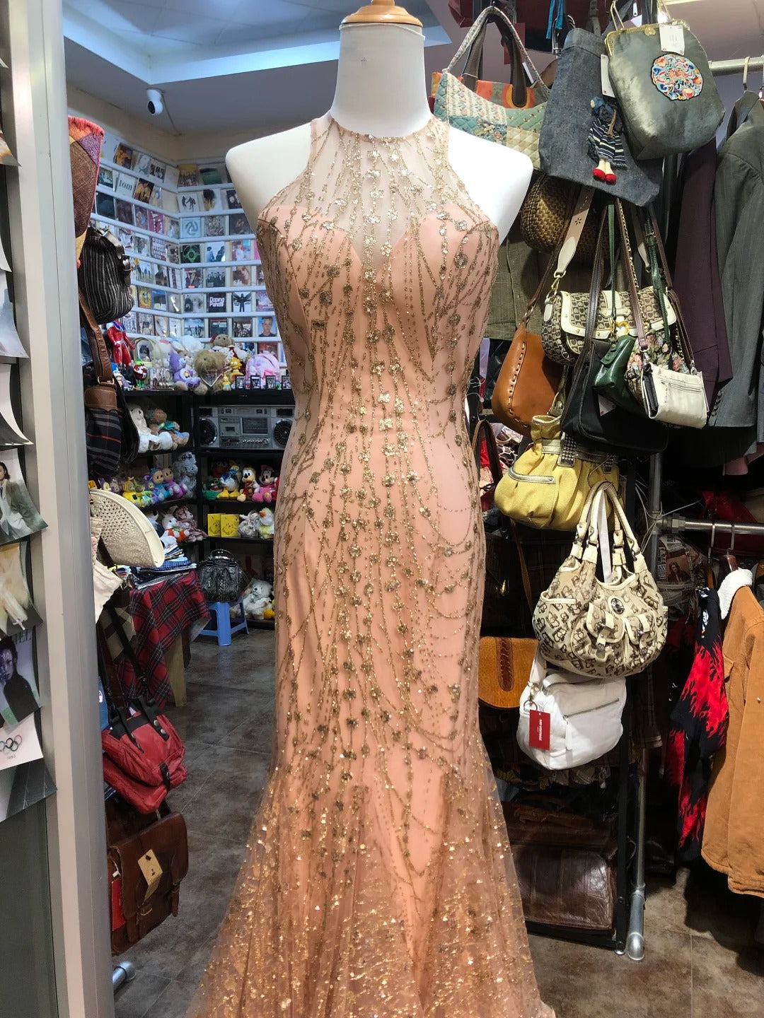 Sparkling Pink Mermaid Halter Neck Crossback Backless Tulle Long Formal Prom Dress