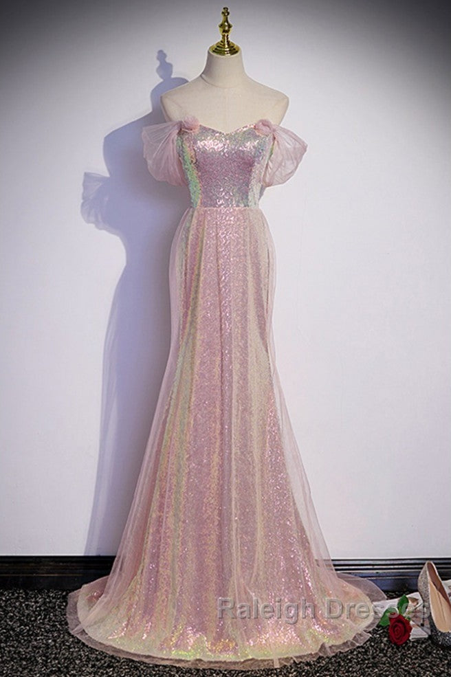 Sparkling Powder Blusher Pink Sequins Off Shoulder Short Sleeve Prom Dresses Powder Blusher Pink Trumpet/Mermaid Open Back Zipper Sweep Tail Prom Dresses Secondary image