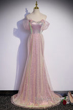 Sparkling Powder Blusher Pink Sequins Off Shoulder Short Sleeve Prom Dresses Powder Blusher Pink Trumpet/Mermaid Open Back Zipper Sweep Tail Prom Dresses