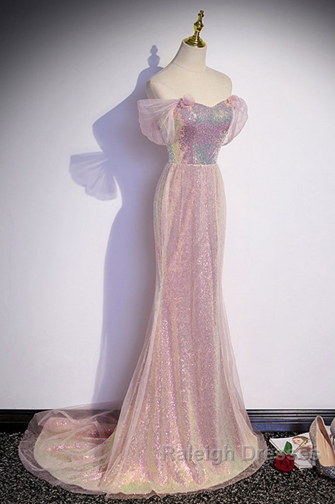 Sparkling Powder Blusher Pink Sequins Off Shoulder Short Sleeve Prom Dresses Powder Blusher Pink Trumpet/Mermaid Open Back Zipper Sweep Tail Prom Dresses