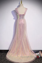 Sparkling Powder Blusher Pink Sequins Off Shoulder Short Sleeve Prom Dresses Powder Blusher Pink Trumpet/Mermaid Open Back Zipper Sweep Tail Prom Dresses