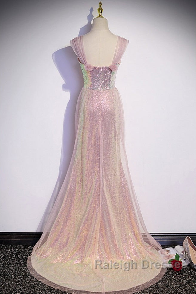 Sparkling Powder Blusher Pink Sequins Off Shoulder Short Sleeve Prom Dresses Powder Blusher Pink Trumpet/Mermaid Open Back Zipper Sweep Tail Prom Dresses