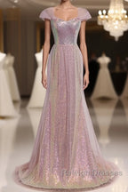 Sparkling Powder Blusher Pink Sequins Off Shoulder Short Sleeve Evening Dress Powder Blusher Pink Trumpet/Mermaid Open Back Zipper Sweep Tail Prom Dress