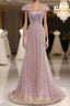 Sparkling Powder Blusher Pink Sequins Off Shoulder Short Sleeve Prom Dresses Powder Blusher Pink Trumpet/Mermaid Open Back Zipper Sweep Tail Prom Dresses