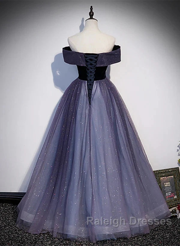 Sparkling Purple Gradient Tulle Off Shoulder A-Line Purple Evening Dress Prom Dress