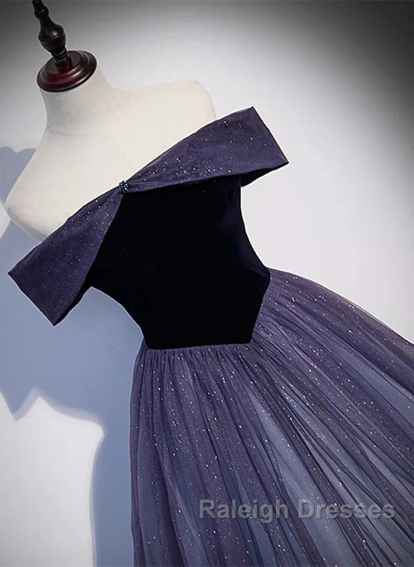 Sparkling Purple Gradient Tulle Off Shoulder A-Line Purple Evening Dress Prom Dress